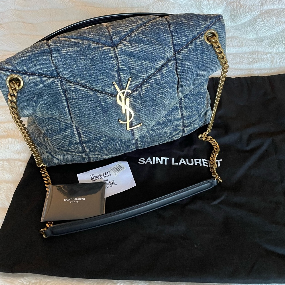 SOLD. YSL MEDIUM DENIM LOU LOU PUFFER BAG BRAND NEW TAGS DENIM BLUE GOLD HARDWAR - Picture 2 of 10
